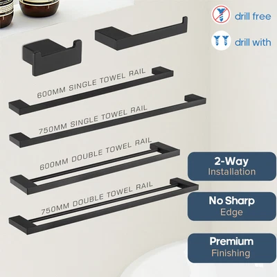 $29.99 • Buy Towel Racks Toilet Roll Holder Robe Hooks Square Bathroom Accessories Set Black
