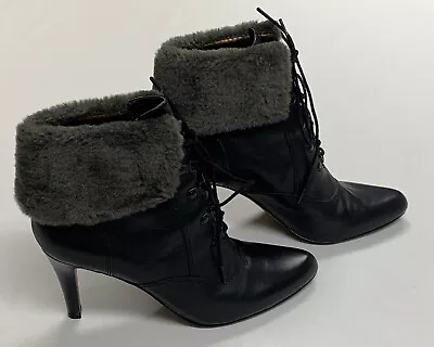 Ellen Tracy Shoes RETURN Leather Ankle Boots Black Grey Faux Fur Women's 9M • $19.99