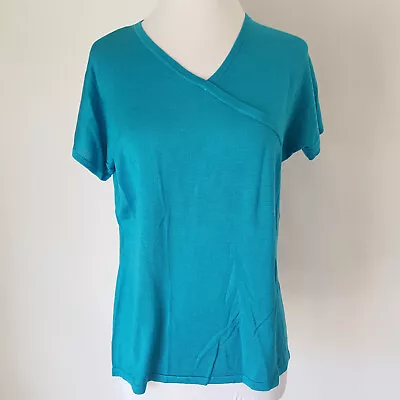 Lord & Taylor Teal Blue Knit Sweater Top M Crossover V-neck 100% Silk Classic • $22.95