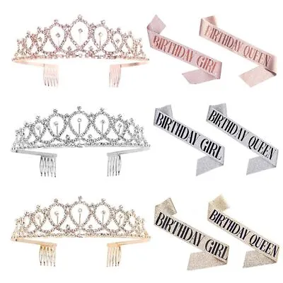 Decoration Metal Crown Headwear Birthday Sash Rhinestone Tiara Set Queen Crowns • £6.52