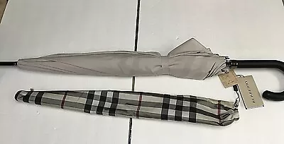 Unisex Burberry Umbrella Gray W/checkered Lining Leather Black Handle Original • $324