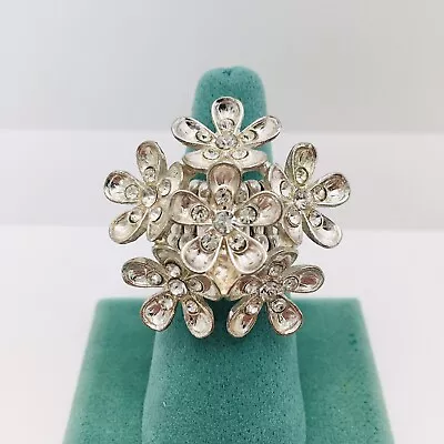 VTG Silver Tone Clear Rhinestone Cluster Flower Stretch Cocktail Statement Ring • $18