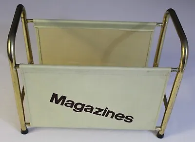 Vintage Mid Century Modern Magazine Holder Caddy Portable Metal Canvas Rack Gold • $59.99