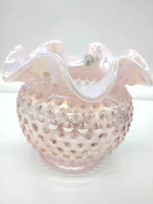 Vintage Fenton Vase Bowl Pink Champagne Ruffled Hobnail Opalescent • $60.88
