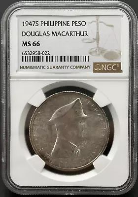 1947 S PHILIPPINES US WWII General DOUGLAS MACARTHUR Silver Peso Coin NGC MS 66 • $1000