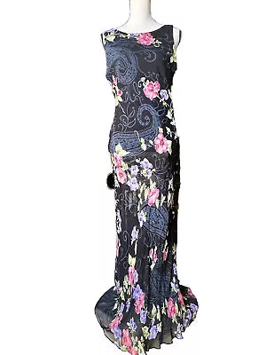 Eva Blue Black Floral Rhinestones Boat Neck V Back Buttons Pleated Train Sz 10 • $55