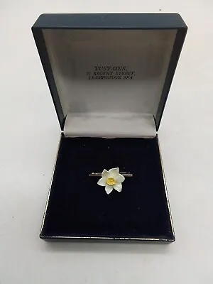 Vintage Porcelain Daffodil On White Metal Pin. Original Box. Good Condition • £11