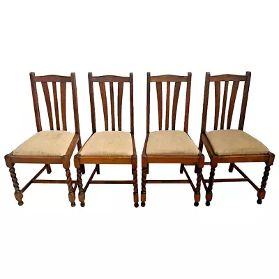 Antique Chairs Barley Twist Legs Solid Oak Set Of Four Tweed Seat Fabric 2A • $1495