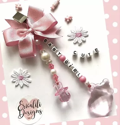 Baby Girl Pram Charm Clip Pink Dummy  Bottle Girl Personalised Baby Shower Gift • £7.95