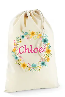 Personalised Cotton Drawstring Bag Flowers Garland Present Sack Mothers Day Gift • £1.40