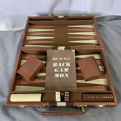 Vintage Apex Backgammon Board Game Set Brown Faux Leather Travel Case 15”x19.5” • $16.99