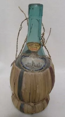 Vintage Italy 1960 Chianti Classico  Wicker Wrap Blue Glass Bottle Empty 1 Quart • $19.99