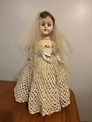 Vtg 50's Mid Century 12  Wedding Bride Doll Sleepy Eyes Crochet Dress Veil • $27.30