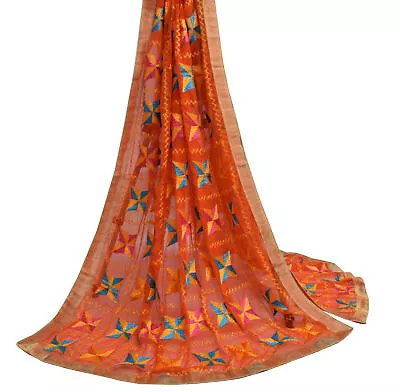 Sushila Vintage Orange Dupatta Blend Chiffon Phulkari Embroidered Long Stole • $32.19