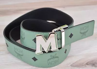 NEW Men's MCM Claus Belt Visetos Logo Buckle Cut To Fit Belt LODEN FROST/BLACK • $146.16