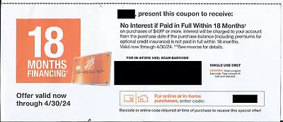 Home Depot Coupon 18 Months Financing $499 Or More Store & Online Exp 4/30/24 • $15.99