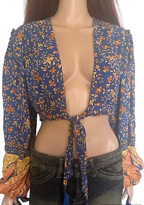 JAASE Swan Lake Migtnight Blue Tulip Long Sleeve Tassel Bolero Viscose Top-XL • $35