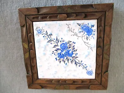 Vintage Hand Carved Framed Trivet Ceramic Floral Center  Hecho En Mexico  • $4.50