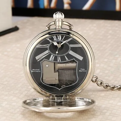 Silver Musical Movement Pocket Watch Quartz Hand Crank Playing Music Fob Watches • £17.99