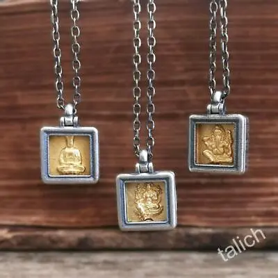 Gold Plated Sterling Silver Small Square Amulet Pendant Necklace Buddha Ganesha • $28.95