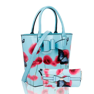 £29.99 • Buy Womens Poppy Flower Butterfly Print Shiny Patent Large Shoulder Tote Bag + Purse