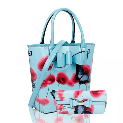 £29.99 • Buy Womens Poppy Flower Butterfly Print Shiny Patent Large Shoulder Tote Bag + Purse