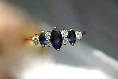 Marquise Lab Created Blue Sapphire Diamond Wedding Ring 14K Yellow Gold Finish • $92.50