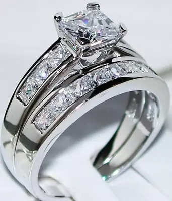 14k White Gold Sterling Princess Diamond Cut Engagement Ring Wedding Set NEW • $79