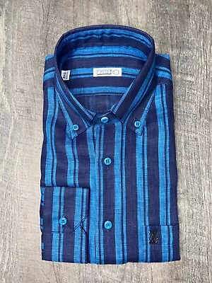 New ZILLI $1300 Blue Navy Striped 100% Linen Dress Shirt Sz 39 / 15.5 Frank • $299