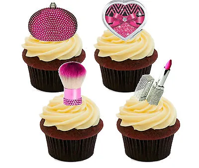 Pink & Silver Make-up Edible Cup Cake Toppers Standup Fairy Decorations Girl • £2.99