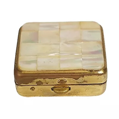 Vintage Pill Box Mother Of Pearl And Brass Square Small 3.5cm X 3cm • $35.95