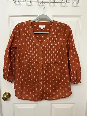 JJill Women’s Orange W/ White Embroidered Prints 3/4 Bubble Sleeve Shirt- XS • $6