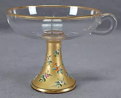 Bohemian Moser Type Raised Enamel Floral & Gold Handled Champagne / Sherbet A • $150