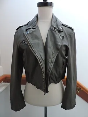 Nwt Muubaa Thanatos Army Grey Taupe Crop Leather Biker Jacket Us 8 Uk 12 • $114.99
