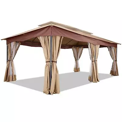 12x20 Ft Outdoor Flat Top Gazebo Aluminum Frame Permanent Pavilion With Curtains • $329.99