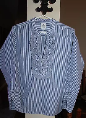 J CREW Thomas Mason Women's 00 Blue White Stripe Ruffle Front Popover Blouse • $29