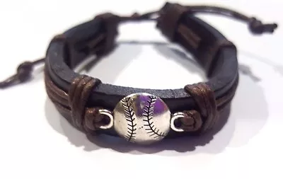 $7.86 • Buy Baseball / Softball Brown Leather & Chord Bracelet  W Ball Charm - Unisex