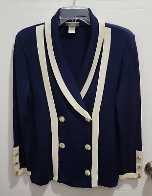 Mita Women's Knit Sweater Blazer Jacket Double Breasted Blue/White Size 4 Petite • $29.74