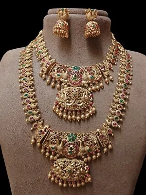 South Indian Bollywood Bridal Necklace Gold Plated Wedding Temple Jewelry Set • $26.99