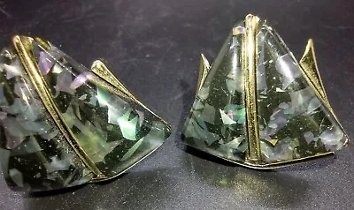 Vintage Signed Cleo Labradorite (?) Clip On Earrings Gold Tone Sailboat 80's • $9.98