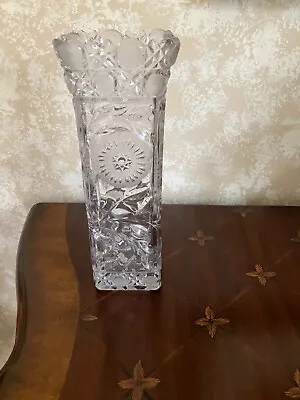 Vintage 10  Tall Vase Square Crystal Glass Cut Etching Heavy 3  Wide Floral/Wed • $24.99