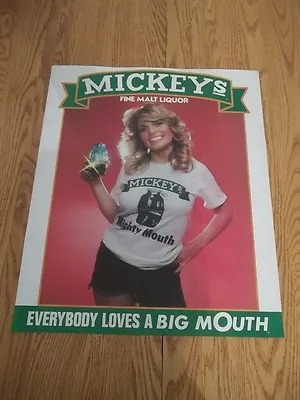 VINTAGE 80s MICKEY'S MALT LIQUOR POSTER SEXY BLONDE EVERYBODY LOVES A BIG MOUTH • $34.95