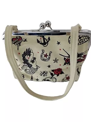 Vintage Ed Hardy Style Tatoos 90s Pouch Purse With Strap White Canvass  • $44.99