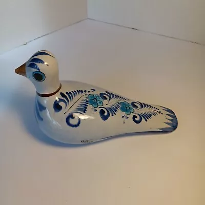 Mexican Folk Art Pottery Blue Bird Figurine 1994 Flowers Fancy Brush Strokes • $20