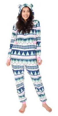 Munki Munki Ladies' Hooded Fleece One Piece Pajama W Pockets Pink • $42.99