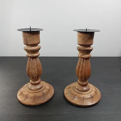 Wooden Candle Holders Pair With Pricket Spike 23cm Height Candlestick • £24.95