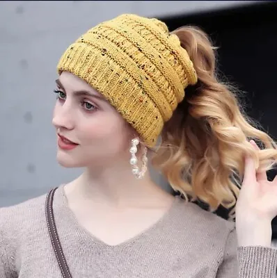 £5.99 • Buy Womens Winter Warm Ponytail Beanie Hat Ladies Messy Bun Stretch Knitted Cap Hats