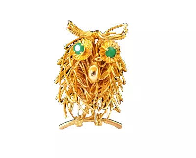 Vintage Owl Green Glass Rhinestone Braided Wire Gold Plate Brooch Pin • $50