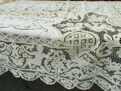 Birds Vintage Needle Lace & Linen Tablecloth • $1900