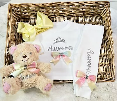 4 Piece Loungewear Set Personalised With Rainbow Bows Headband & Teddy Bear • £31.49